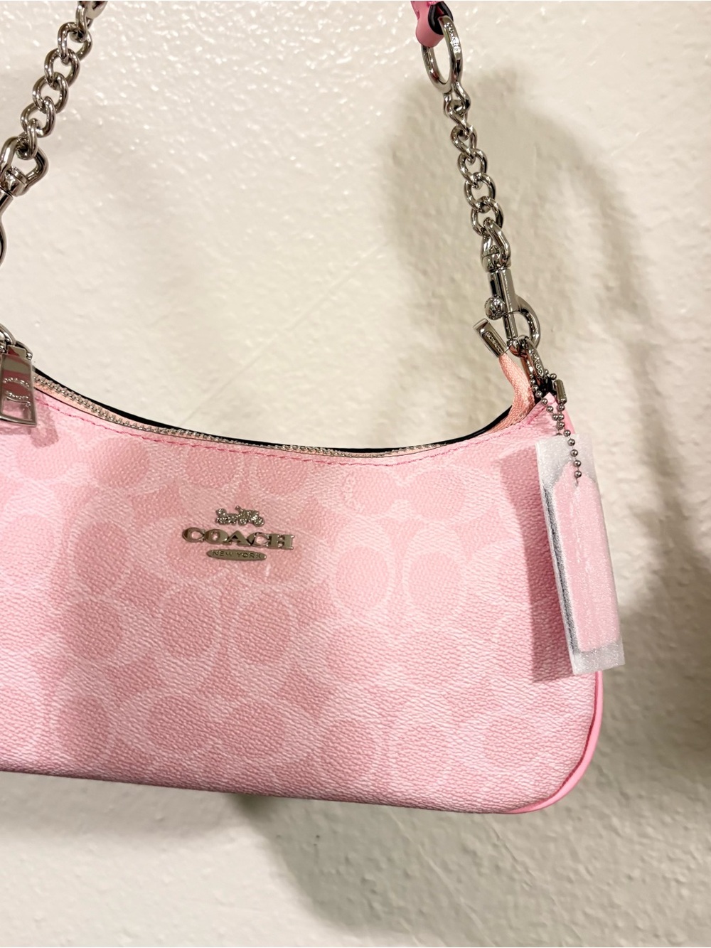 COACH Light Pink Signature Mini Shoulder Bag with Silver Hardware
